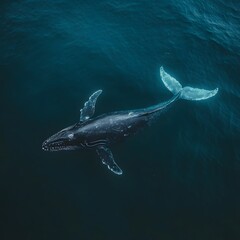 Fototapeta premium Aerial view of a humpback whale swimming in the ocean. Whale swimming in the sea. View from above on a whale's back. 