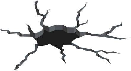 Large crack opening in the ground reveals a deep, dark hole, splitting the surface and showcasing significant damage and destruction caused by geological forces