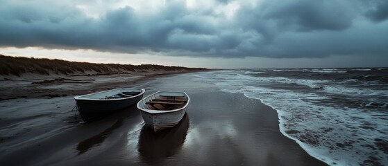 Two empty boats rest on a deserted shore under a moody sky, casting reflections on the wet sand as waves gently lap at the beach.