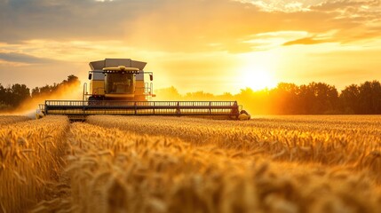 Fototapeta premium Golden harvest season: Combine working in wheat field at sunset hour
