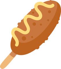 Korean corn dog featuring a wavy mustard topping on a wooden stick, embodying the vibrant street food culture and culinary trends of Korea, perfect for casual snacking