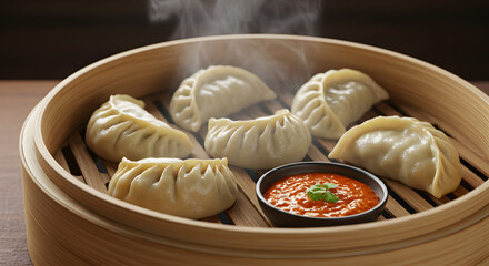 Delicious steamed Nepalese momo dumplings served with flavorful dipping sauce