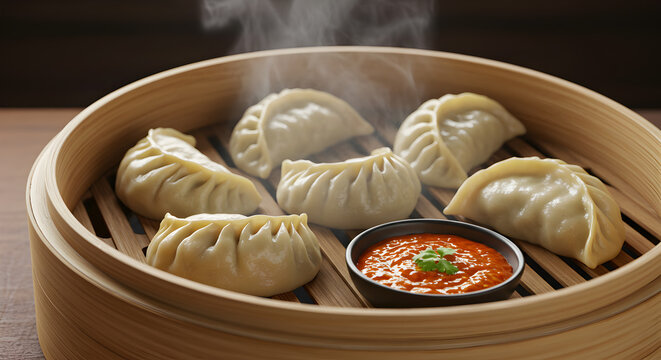 Delicious steamed Nepalese momo dumplings served with flavorful dipping sauce
