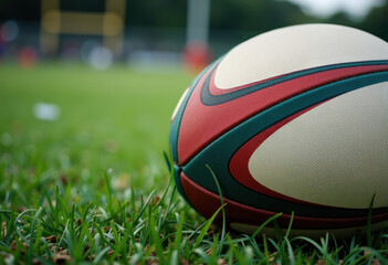A close-up of a rugby ball resting on the grass field