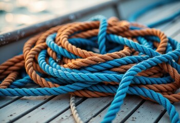 Colorful ropes in blue and orange coiled on a wooden surface