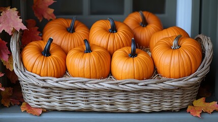 Ripe orange pumpkins are neatly packed in a wicker basket for a festive autumn harvest.