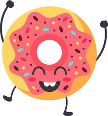 Cartoon donut with pink icing and colorful sprinkles joyfully dancing and celebrating with arms raised, radiating happiness and excitement in a fun and whimsical way