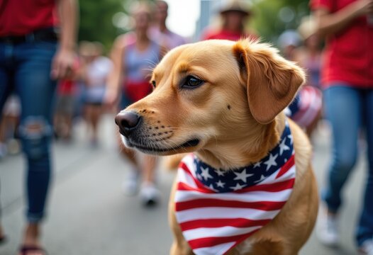 A golden retriever wearing an American flag bandana at a festive parade