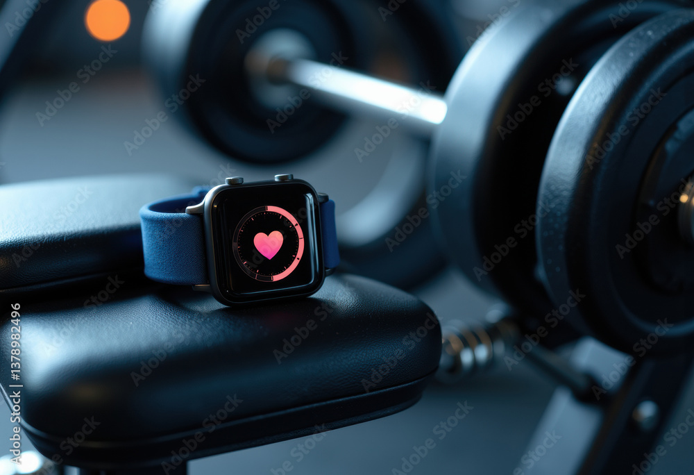 Aufkleber smartwatch displaying heart rate on a gym bench with weights in background
