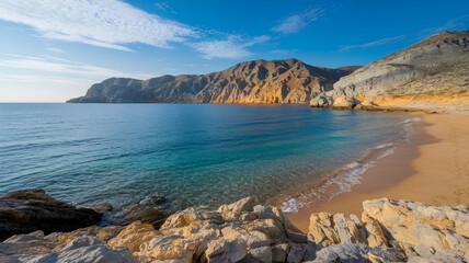 Idyllic beach scene with clear turquoise water meeting a sandy shore, backed by rugged mountains under a clear blue sky with wispy clouds.