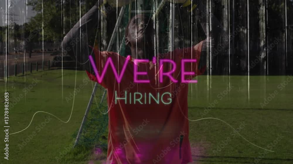 Poster man playing soccer with we're hiring text animation over scene