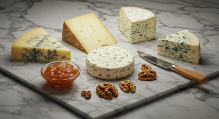 A variety of cheeses with jam and walnuts on a marble board with a knife in a studio setting