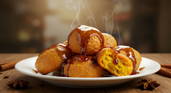 Delicious Peruvian picarones drizzled with spiced syrup on a rustic wooden table