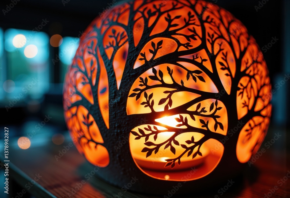 Poster decorative lamp with intricate tree design casting warm light