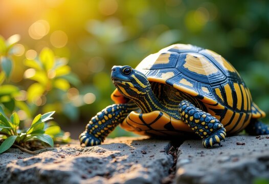 A vibrant turtle with a striking yellow and black shell on a stone path