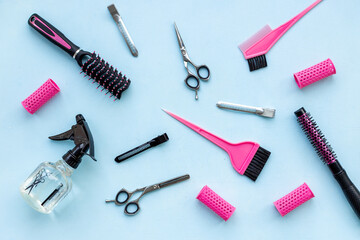Pattern flat lay of hairdresser and barber tools and accessories, top view