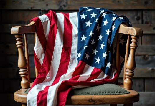 American flag draped over a wooden chair, symbolizing patriotism and pride