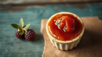 Small Ramekin Cup of Berry Jam Preserves Strawberry with a Blackberry, on a Teal Rustic Cottage Table 