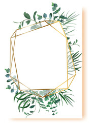 Golden polygonal frame decorated with green eucalyptus, exotic tropical leaves and plants over white and light orange background, perfect for wedding invitation or greeting card