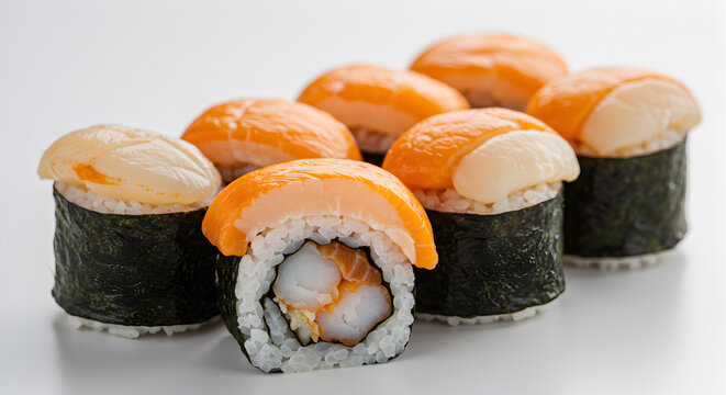 Exquisite assortment of scallop and salmon sushi rolls displayed against a pristine backdrop