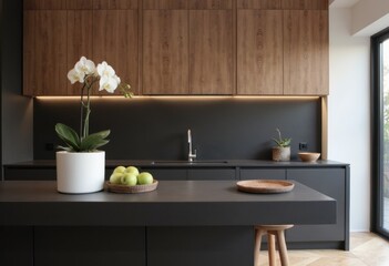 Modern kitchen interior featuring wooden cabinets and elegant decor
