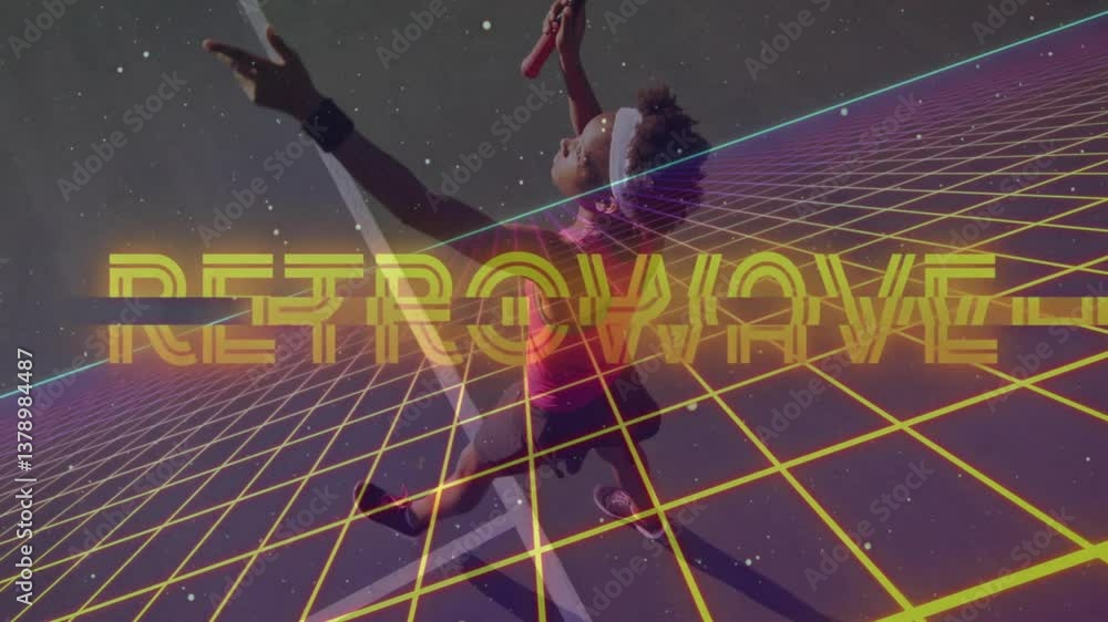 Aufkleber dancing with retrowave text, person in neon grid and starry background animation