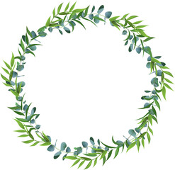Eucalyptus and green leaves forming a circular frame with white copy space, perfect for wedding invitations, greeting cards or decorative projects