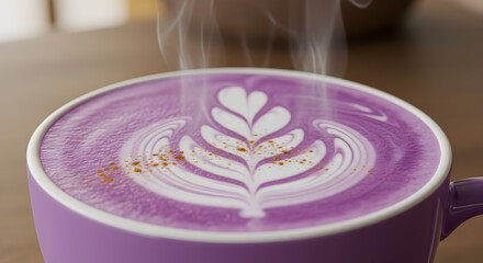 Aromatic steaming ube latte with elaborate latte art and delicate spice dusting