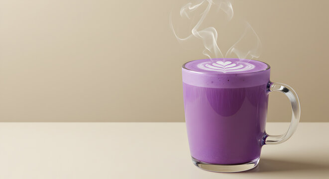 Steaming purple ube latte art in glass mug, delicious vibrant drink photography