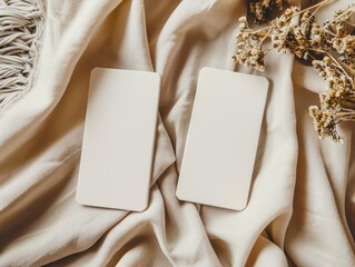 Two of empty blank elongated tarot shaped, white cards paper and dry leaf bush or flower mockup template show business rustic boho retro minimal cloth place table.