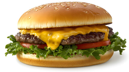A gourmet cheeseburger with lettuce, tomato, and melted cheese, natural lighting, soft shadows beneath, no reflections, no background elements, a clean cutout effect, on a pure white background.