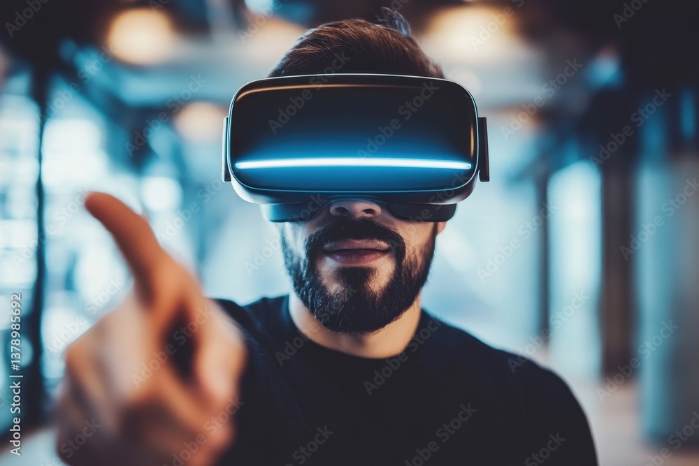 Poster a man wearing virtual reality glasses is pointing at a screen in a futuristic setting designing futu