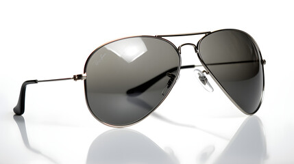 A pair of black sunglasses with a classic aviator frame, natural lighting, soft shadows beneath, no reflections, no background elements, a clean cutout effect, on a pure white background.