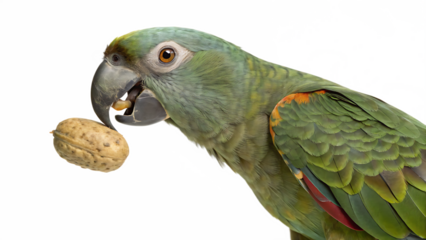 Close-up profile of a green parrot holding a nut in its beak against a white background 