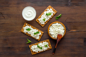 Healthy protein breakfast with crispy toasts and farm cottage cheese