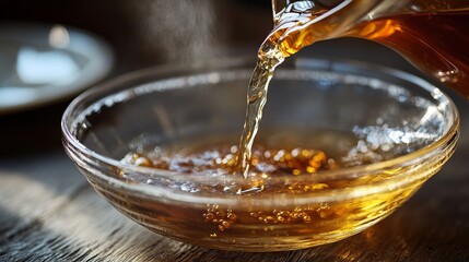 Amber Liquid Pouring into Glass Bowl Warm Golden Brown Tea Brewing Hot Beverage Refreshing Aromatic Herbal Infusion Delicious Drink Tasty Healthy     