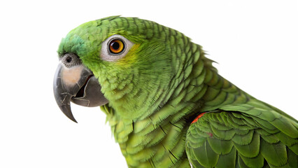Fototapeta premium Close up profile of a vibrant green amazon parrot with detailed feathers and beak