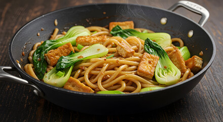 Savory stir-fried udon noodles with tofu and bok choy in black skillet on wood