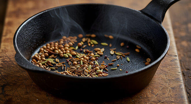 Aromatic spices gently toasting in a rustic cast iron skillet on wood surface