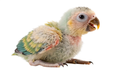 Adorable baby green cheek conure parrot chick portrait cute and fluffy