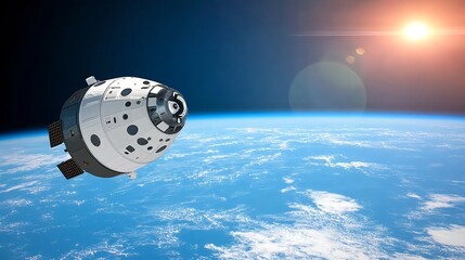 A futuristic spacecraft orbiting above Earth’s blue surface under the bright sun, symbolizing human exploration and achievements for Space Day and Cosmonautics Day