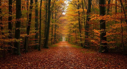 Scenic Autumn Forest Path Covered in Vibrant Fallen Leaves
