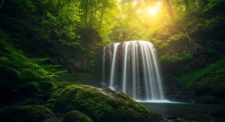 Serene Waterfall Lush Forest Sunlight. AI Generated