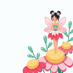 Cute and modest forest fairy with wings in a flower dress stands on a beautiful flower on white background. Flora and Fauna. Banner, Flyer, Greeting Card. Vector illustration in flat cartoon style