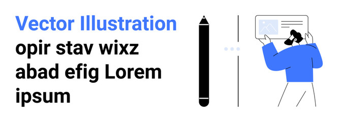 Black stylus pen beside blue-shirted figure presenting a digital concept. Ideal for creativity, teamwork, workflow, design thinking, collaboration, innovation, presentation, simple landing page