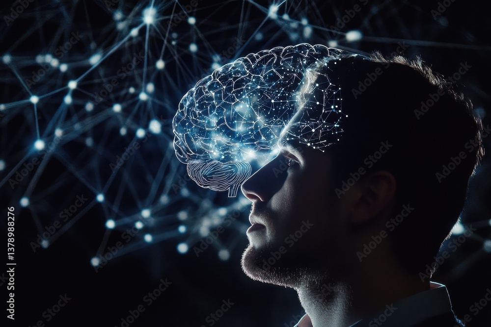 Poster a mans head in focus with a digital representation of a brain behind him incorporating artificial in