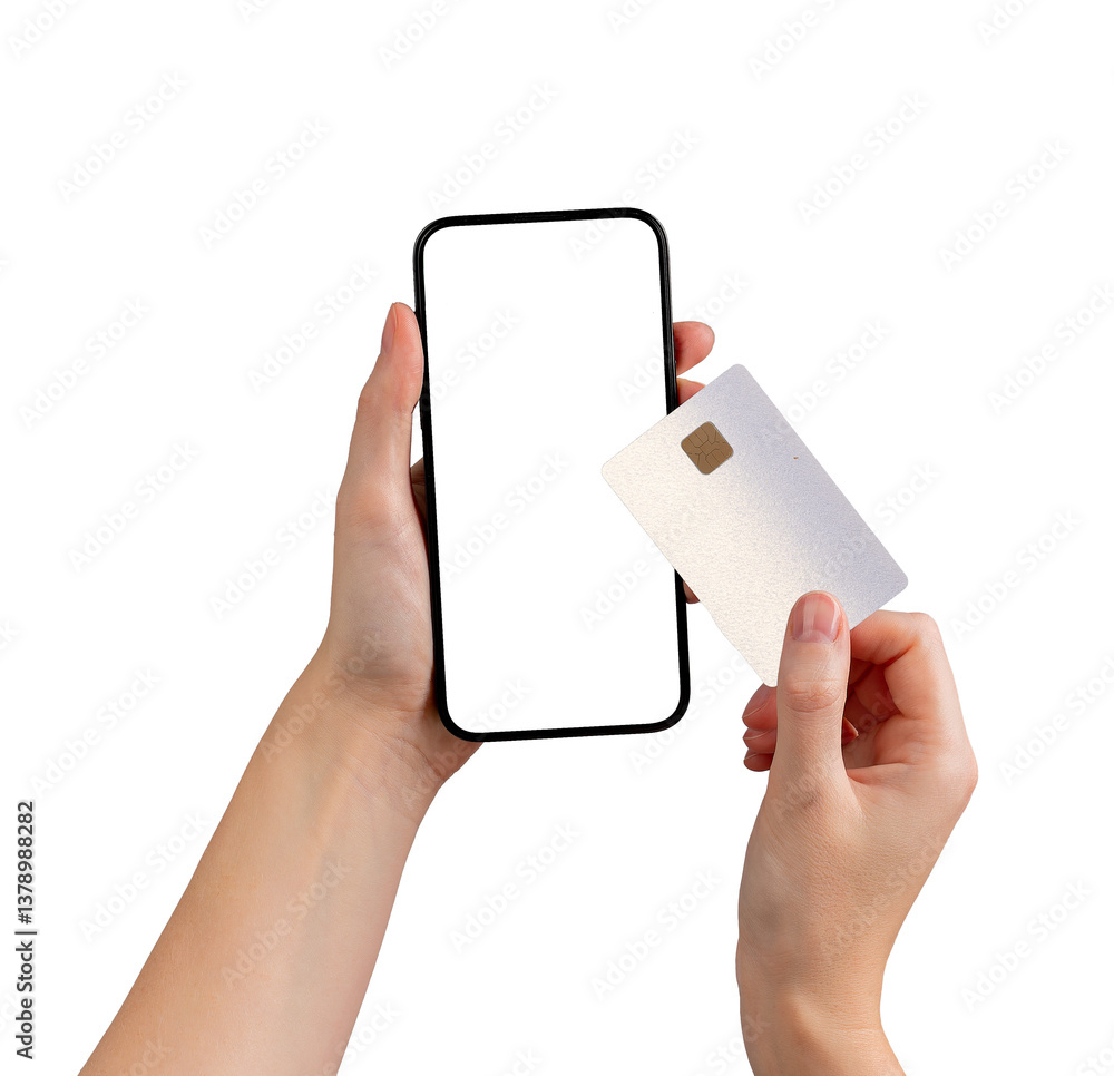 Poster card and phone mockup in hand. client showing plastic bank credit and debit product with chip and pe