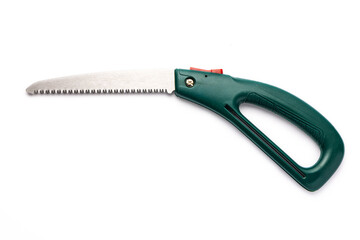Folding garden saw portable hacksaw isolated on white background, gardening tool