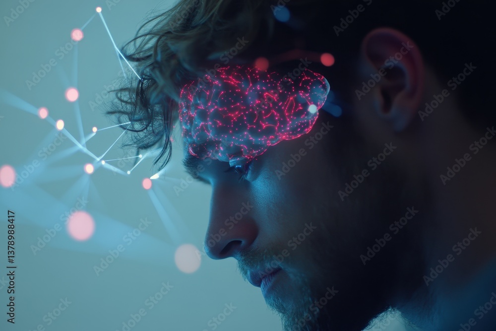 Poster a mans head in focus with a digital representation of a brain behind him incorporating artificial in