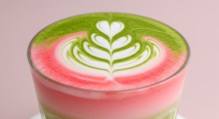Delightful strawberry matcha latte with exquisite latte art in close-up view
